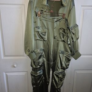 Fashion Nova Sage Green Satin Jumpsuit